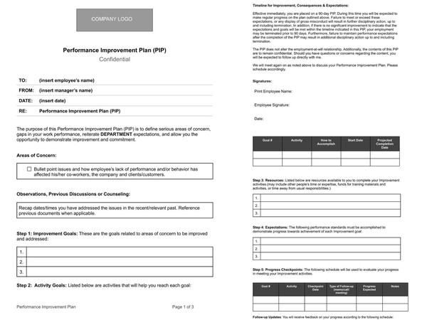 Performance Improvement Plan Google Docs Template