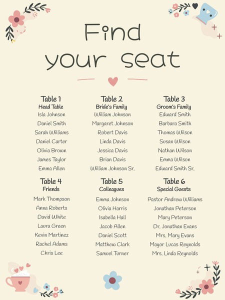 Free Cute Wedding Seating Chart Template – Google Docs