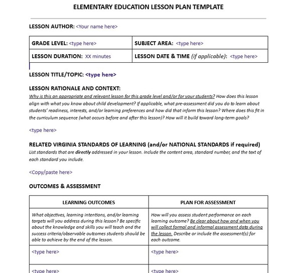 Elementary Education Lesson Plan Google Docs Template