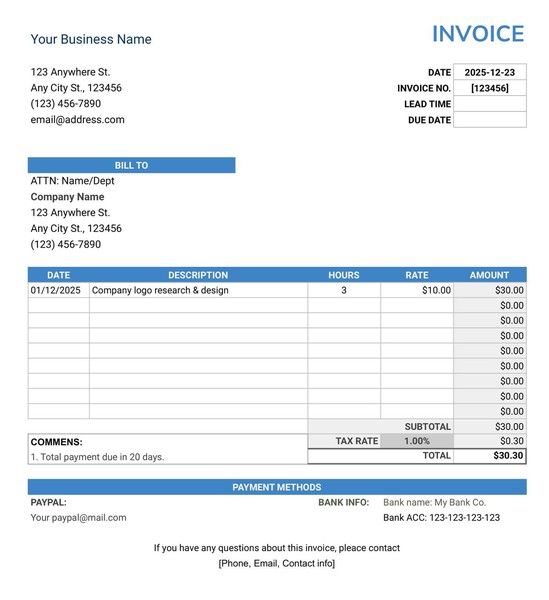 Free Timesheet Invoice Google Docs Template