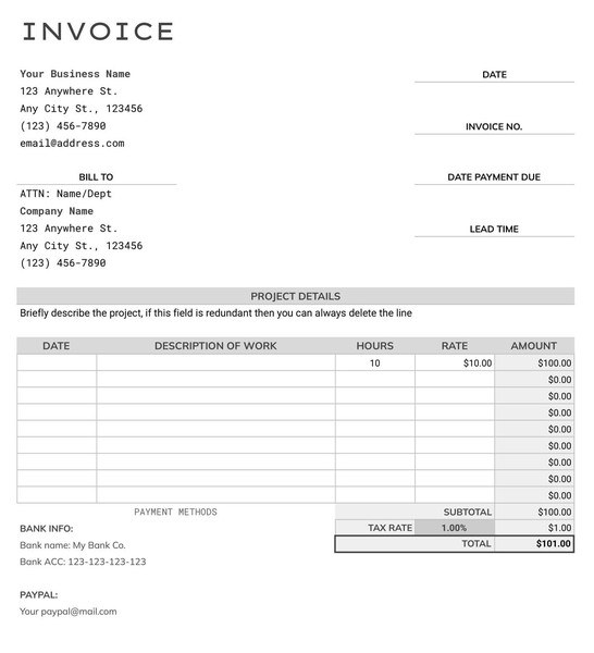 Free Minimalist Hourly Invoice Google Docs Template