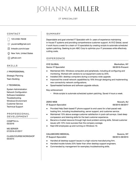 Modern IT Specialist Resume Google Docs Template: Professional & ATS Friendly