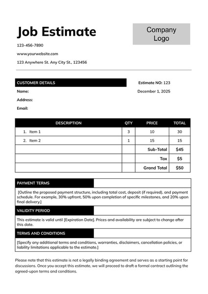 Free Job Estimate Google Docs Template