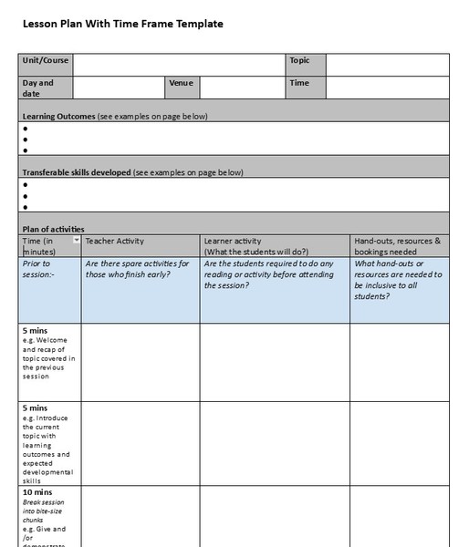 Lesson Plan With Time Frame Google Docs Template