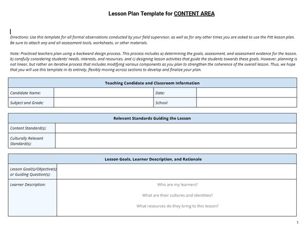 Lesson Plan Google Docs Template for Content Area