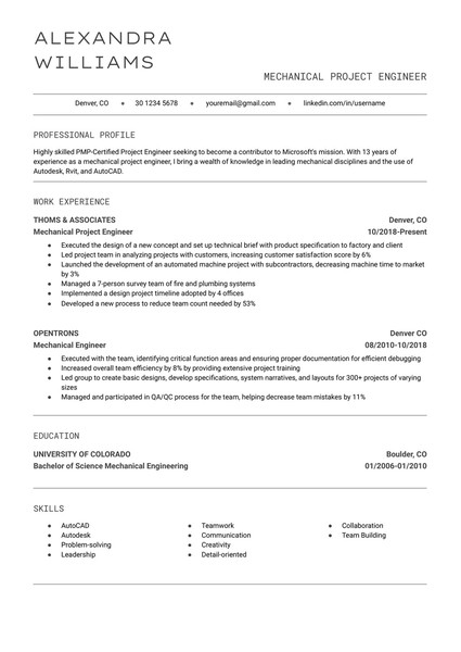 Minimalist Mechanical Engineer Resume Google Docs Template: Free and ATS Friendly