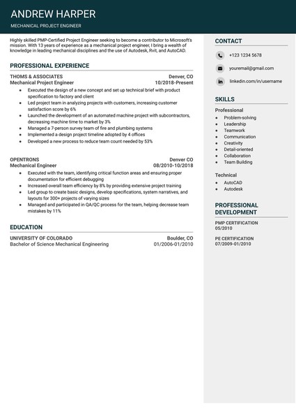 Attractive Mechanical Engineer Resume Google Docs Template: Free and ATS Friendly