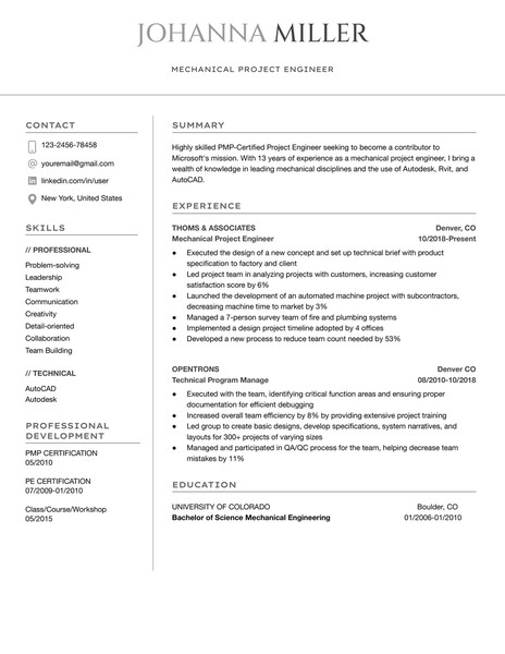 Modern Mechanical Engineer Resume Google Docs Template: Professional & ATS Friendly