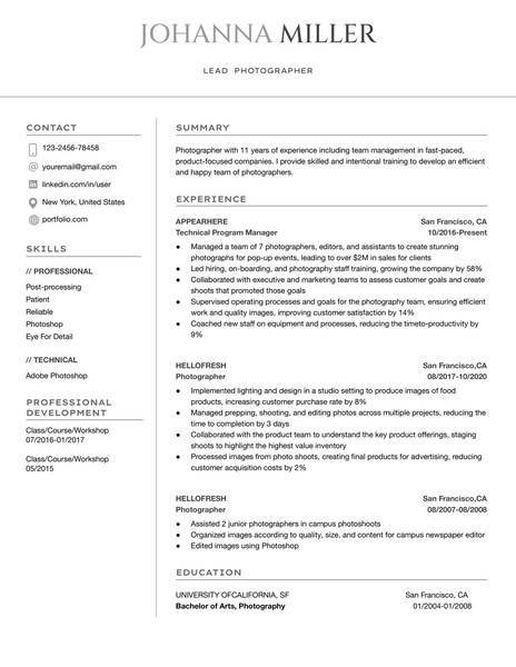 Modern Photographer Resume Google Docs Template: Professional & ATS Friendly