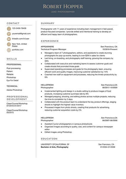 Premium Photographer Resume Google Docs Template: Professional & ATS Friendly