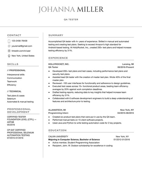 Modern QA Tester Resume Google Docs Template: Professional & ATS Friendly