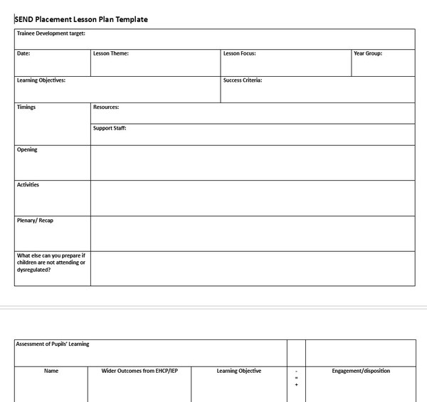 SEND Placement Lesson Plan Google Docs Template