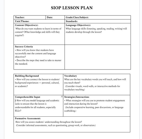 SIOP Lesson Plan - Google Docs Template