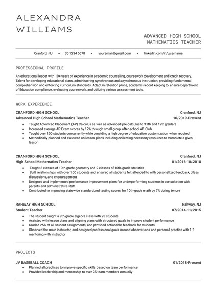 Minimalist Teacher Resume Google Docs Template - page 1