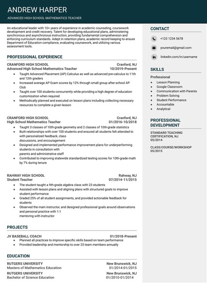 Attractive Teacher Resume Google Docs Template