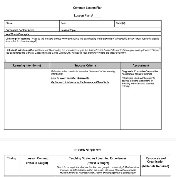 Common Lesson Plan Google Docs Template