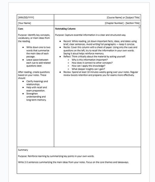 Simple Cornell Notes Template – Google Docs