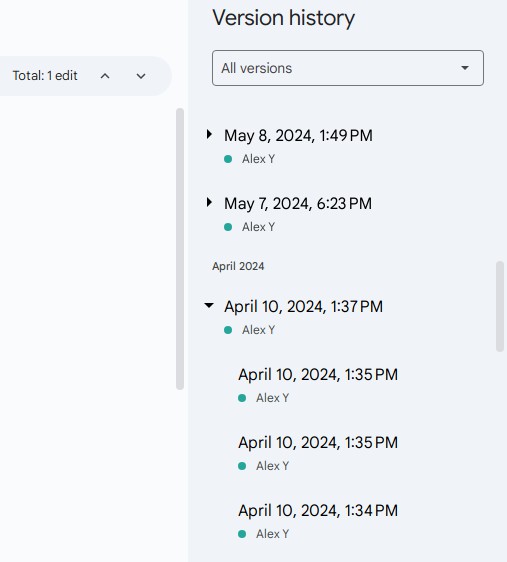 What does the editing history look like in Google Docs - screenshot